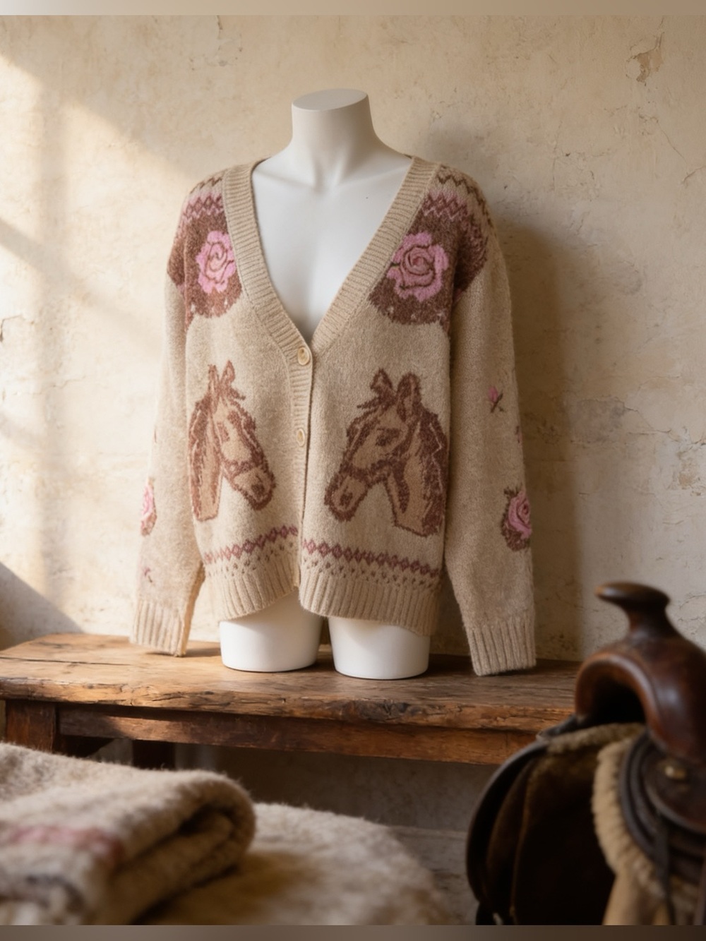 Haute Hippie Beige and Pink Horse Pattern Cardigan